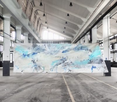 “Pacífico”Mix media on vintage sailing cloth (veil)180x 900 cm. Installation at La semana profesional del Arte , Oviedo